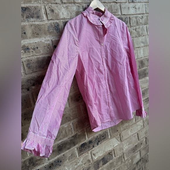 J. Crew Striped ruffleneck button-up Striped Pink Blouse Sz M - Picture 8 of 11